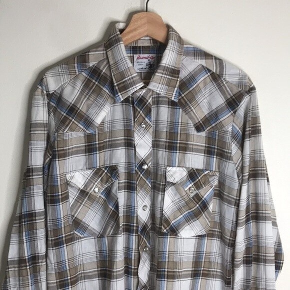 Vintage round up western plaid pearl snap button long sleeve shirt size large - Picture 3 of 14